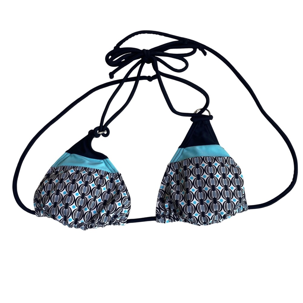 Gossip Womens Small Triangle Bikini Top Black Teal Geometric Print Halter Tie